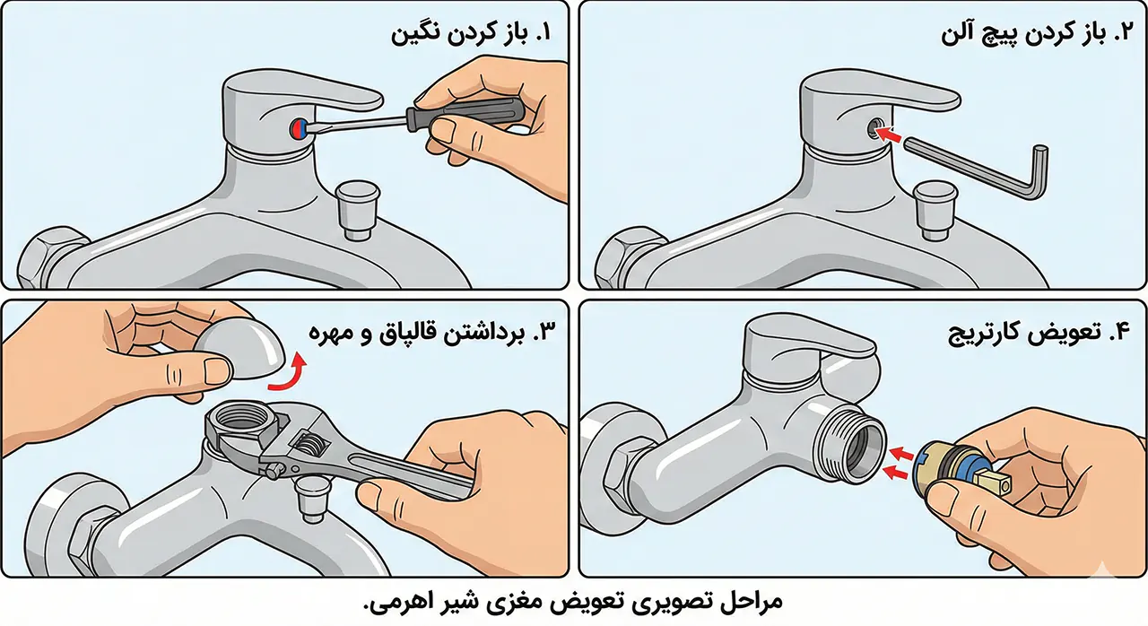 کارتریج شیرآلات چیست؟ 4 مراحل تصویری تعویض مغزی شیر اهرمی در منزل
